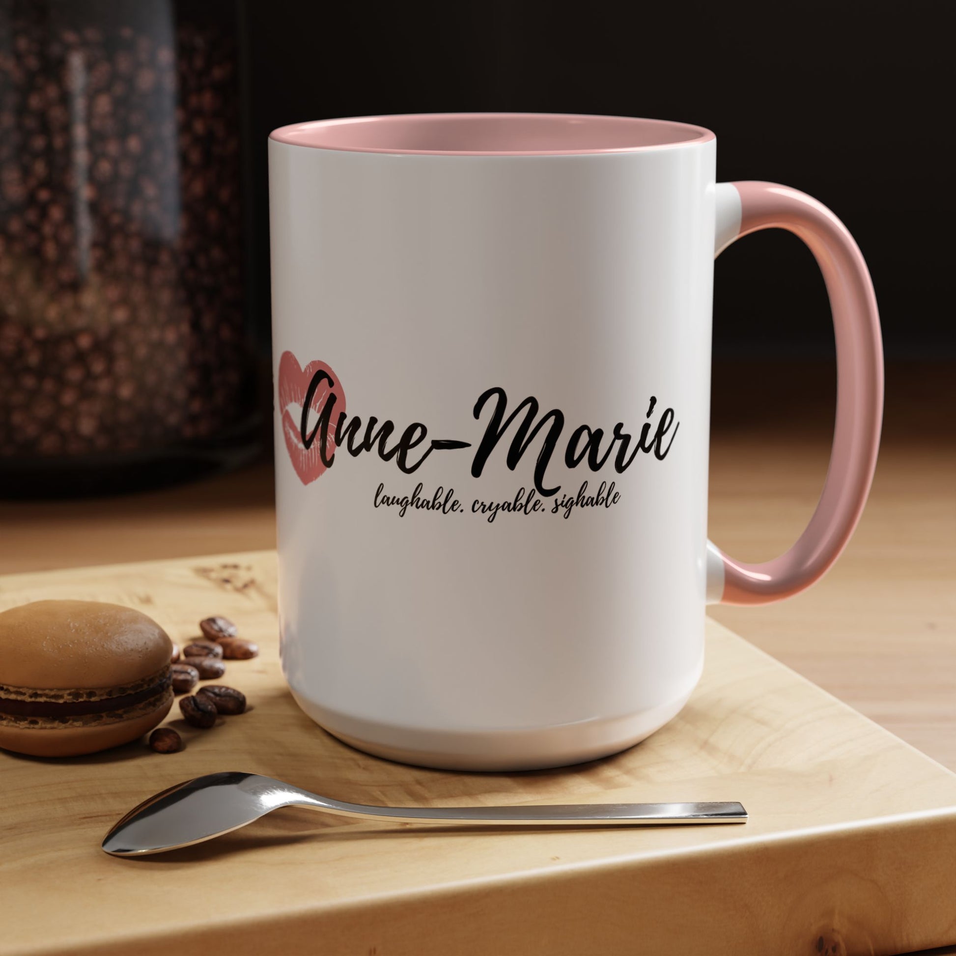 Anne-Marie 11 oz Coffee Cup on table with spoon