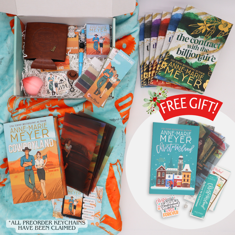 The Cowboyland Deluxe box is displayed showing book specific items, the Cowboyland special edition books and the 6 books included in the Fake Relationships series. Also shown is the Christmasland limited edition paperback that is being given as a free gift with purchase.